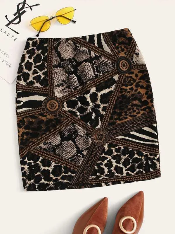 Mixed Animal Print Fitted Skirt modal blend skirt