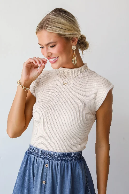 Seasonal Grace Beige Sweater Top Herringbone Houndstooth Plaid