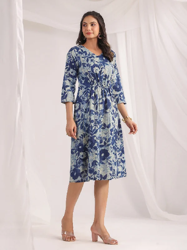 Janasya Indigo Cambric Floral Dress