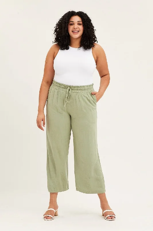 Green High Rise Linen Blend Paper Bag Wide Leg Pants Casual Track Pants