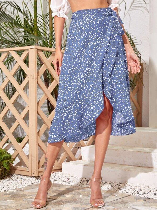 Ruffle Hem Wrap Knotted All Over Print Skirt corduroy skirt textured