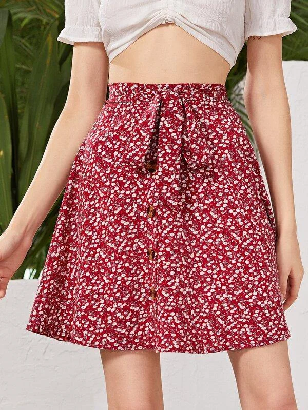 Ditsy Floral Button Front Tie Front Skirt elastic waist skirt