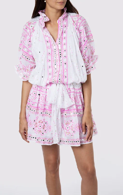 Mosaic Print Blouson Dress with Mirror Embro - Slip White Coral Gold