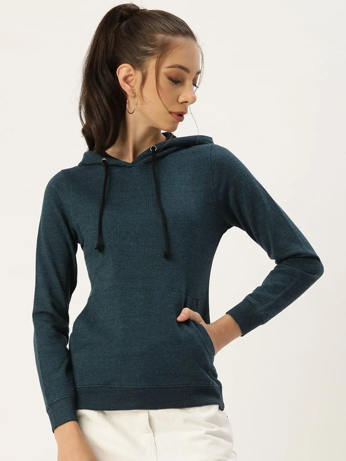 Women Solid Teal Full Sleeve Jacket Hoodie Zip-Up Jacket Button-Up Jacket