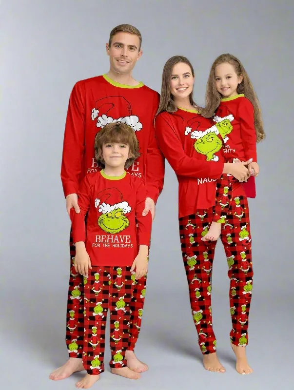 Family Matching Christmas Pajama Set - Naughty or Nice Grinch Design with Red Plaid Pants Formal Stretch Pants