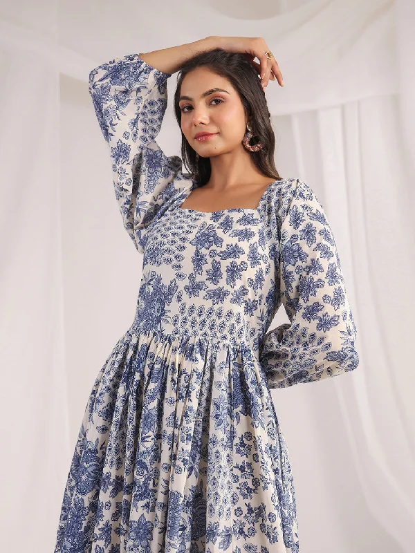 Janasya Off White Cambric Floral Dress