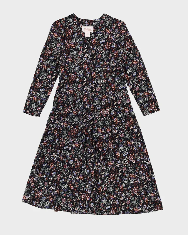 Vintage 1990s Black Floral Tea Dress - S