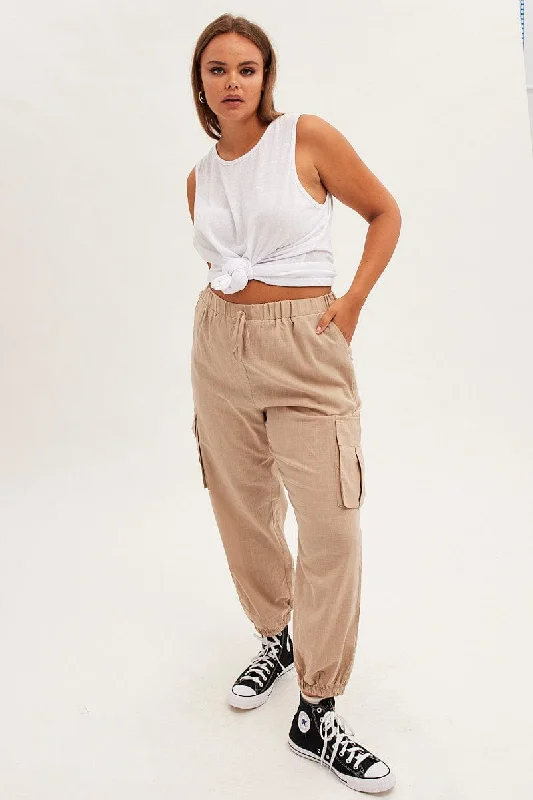 Beige Cargo Pants Elastic Waist Cotton Flap Pocket Formal Stretch Pants