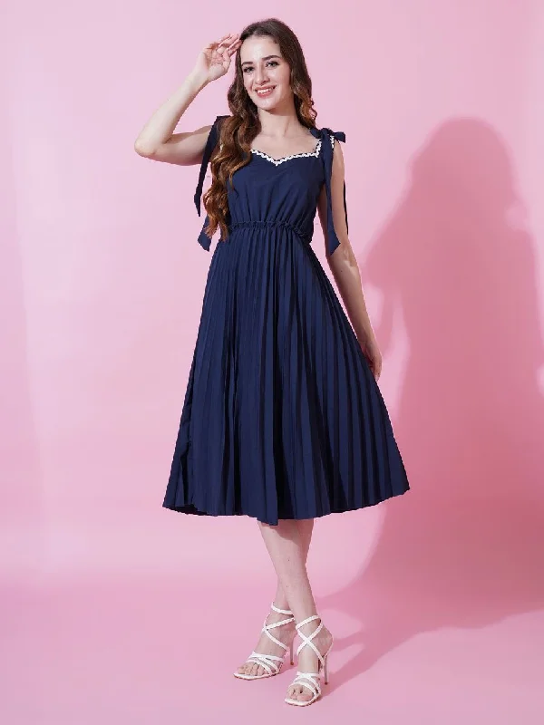 Jyoti Fashion Women's Navy Blue Heavy Crepe Crushed Flared Western Dress