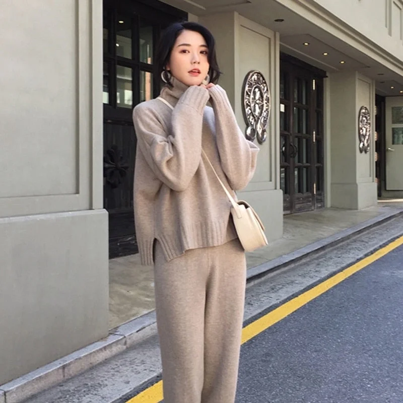 autumn spring knitted tracksuit turtleneck sweatshirts Hoodie with Raw Hem Edgy Unfinished