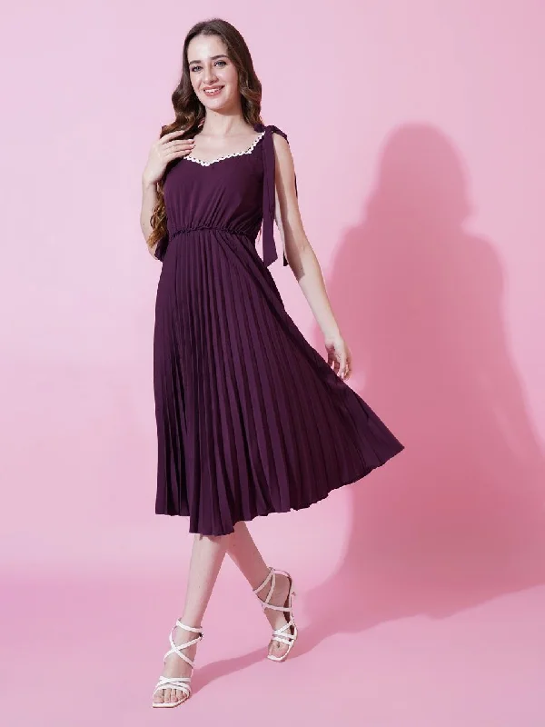 Jyoti Fashion Women's Wine Heavy Crepe Crushed Flared Western Dress