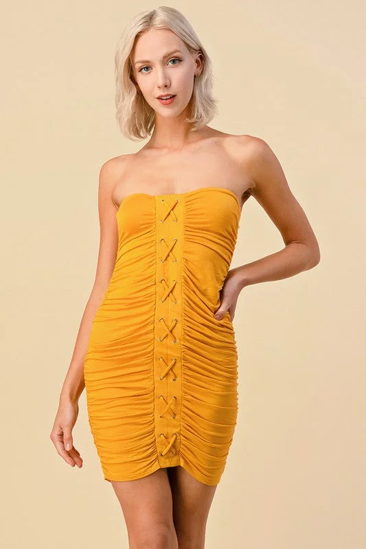Heart & Hips Ruched Tube Dress With Lace Up Front