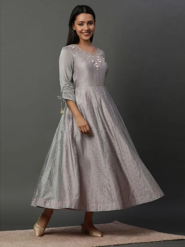 AURELIA Floral Embroidered Round Neck Sequinned Fit & Flare Maxi Ethnic Dress