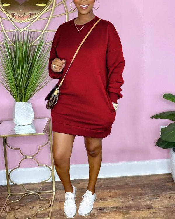 NEW Long Sleeve Pocket Detail Sweatshirt Dress Hoodie with Applique Textured Unique