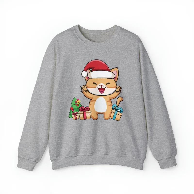 Happy Santa Cat Crewneck Sweatshirt Hoodie with Pattern Geometric Abstract