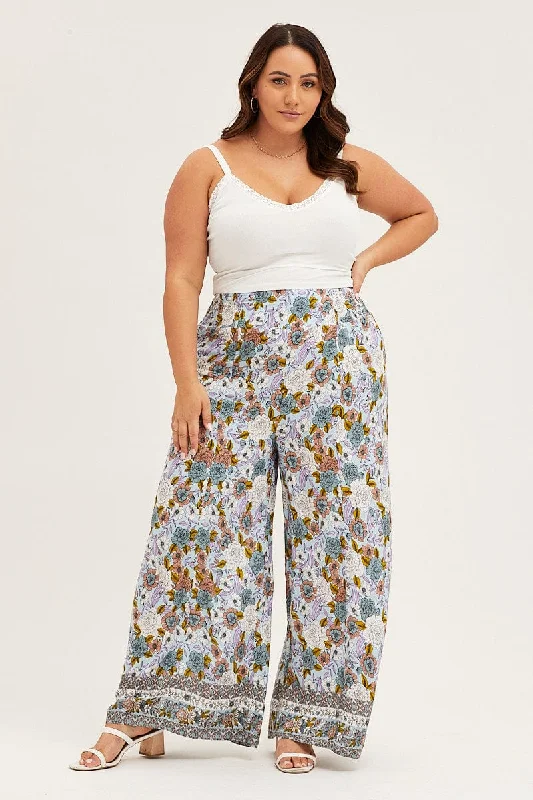 Boho Print High Rise Boho Elastic Waist Wide Leg Pants Warm Wool Trousers