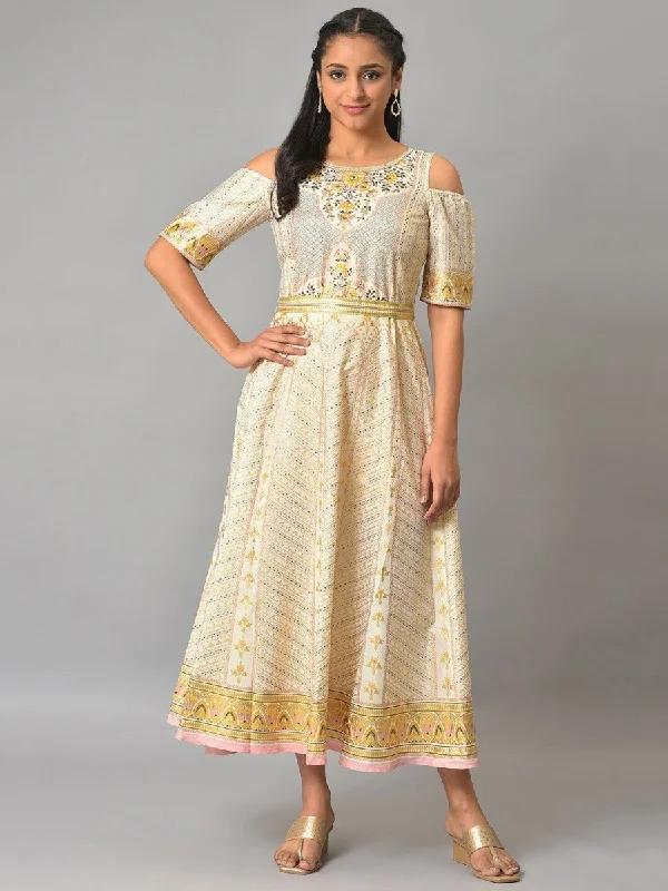 AURELIA Ethnic Motifs Printed Cold-Shoulder Sleeves Midi Fit & Flare Ethnic Dress