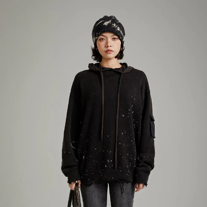 Pocket Paint Splatter Distressed Loose Fit Knit Sweater Satin Blend Silk Blend Wool Blend