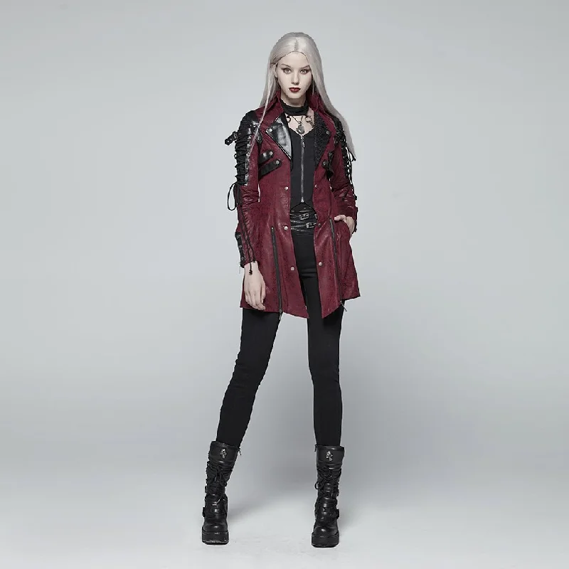Women's Punk Studded Faux Leather Zipper Red Jacket Collared Jacket Crew Neck Jacket Turtle Neck Jacket