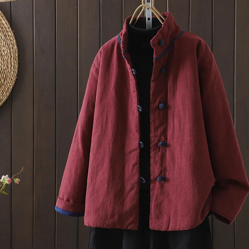 Buddha Stones Solid Color Casual Frog-button Turtleneck Cotton Linen Women's Jacket Shirts Clothing Print Jacket Jacquard Jacket Patchwork Jacket