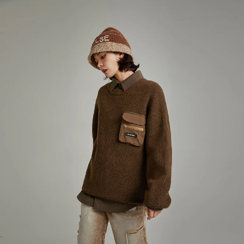 Pocket Loose Fit Knit Sweater Solid Print Embellished