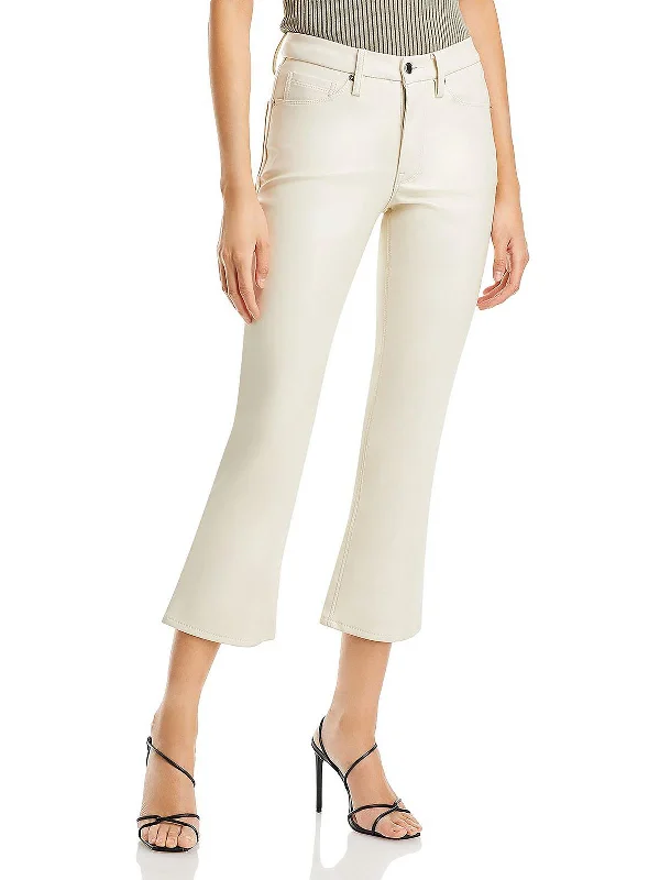 Womens Faux Leather Crop Bootcut Pants Chic Checkered Pants