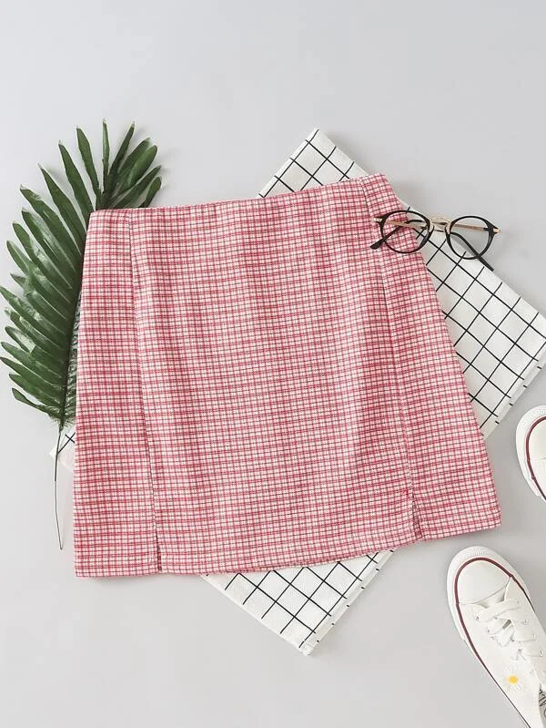 Plaid Slit Hem Zip Back Skirt chiffon skirt flowing