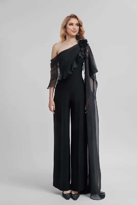 Jumpsuits One-Shoulder Half Sleeves Chiffon Mother Of The Bride Pantsuits Classic Cropped Pants