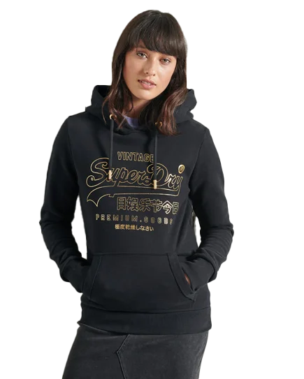 Vintage Logo Luster Hoodie in Black Hoodie with Tied Waist Feminine Flattering