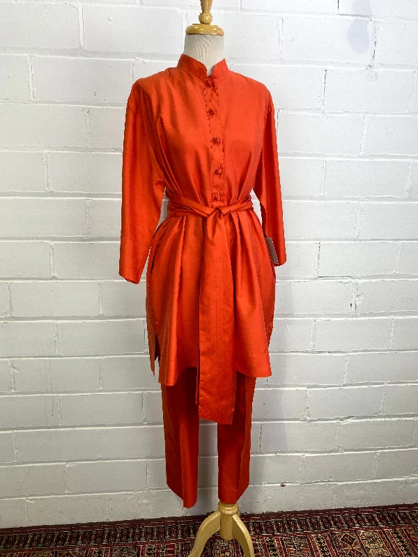 Vintage 1970s Orange Raw Silk Tunic & Pant Set with Sash Belt, W35" Elegant Wool Trousers