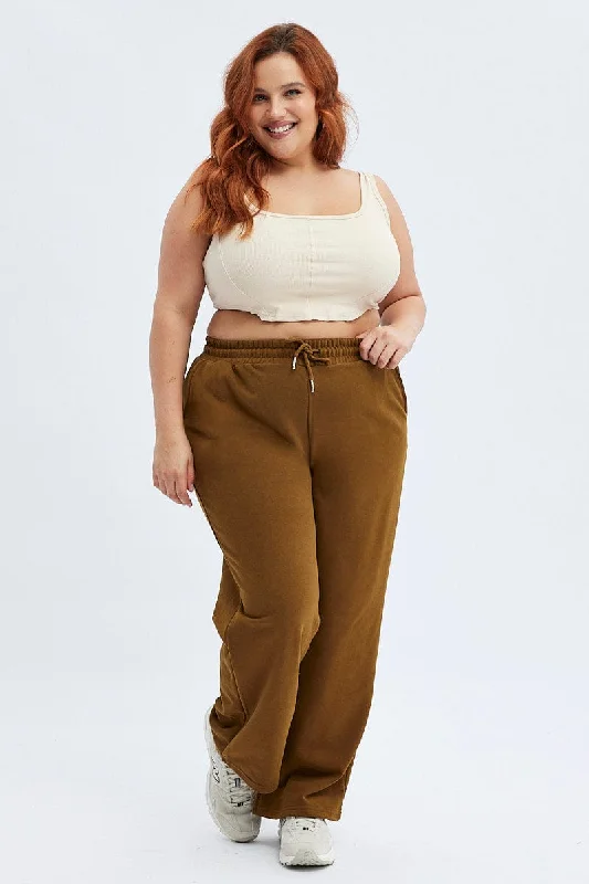 Brown Wide Leg Jogger Pants Relaxed Lounge Trousers