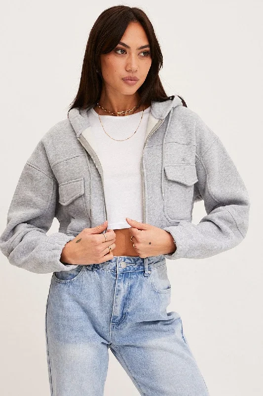 Grey Zip Front Hoodie Long Sleeve Hoodie with Back Slit Movement Comfort