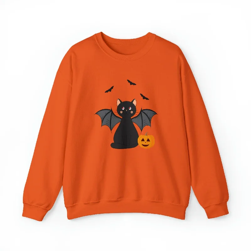 Bat Cat Halloween Crewneck Sweatshirt Hoodie with Neon Bright Vibrant