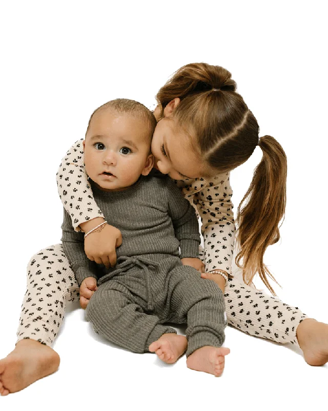 Sweater Weather Long Sleeve Onesie Jogger Set Mesh Sweater Canvas Denim