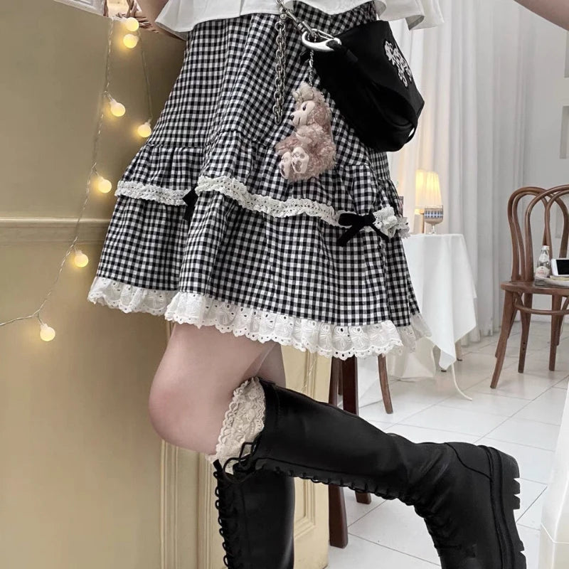 Advbridge Kawaii Plaid Women Short Skirt Lolita Ruffle Japanese Style Lace Bow Mini Skirts Cutecore Sweet Pleated Preppy Skirt cashmere skirt fine Advbridge Kawaii Plaid Women Short Skirt Lolita Ruffle Japanese Style Lace Bow Mini Skirts Cutecore Sweet Pleated Preppy Skirt cashmere skirt fine