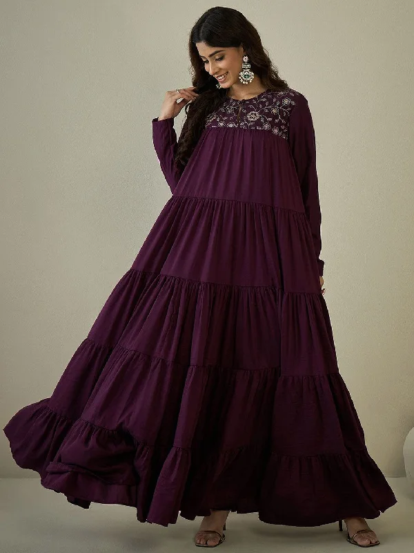 Inddus Floral Threads & Sequinned Embroiderd Tiered A-line Maxi Ethnic Dresses