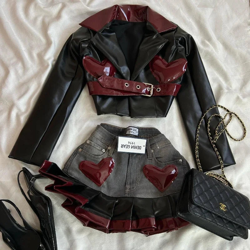TAVIMART  -  Y2K Women Streetwear Heart Shape Leather Outfit Two Piece Harajuku Gothic Jacket Cropped Denim Patchwork Pleated Mini Skirt Suit Fleece Fabric Down Fabric Feather Fabric