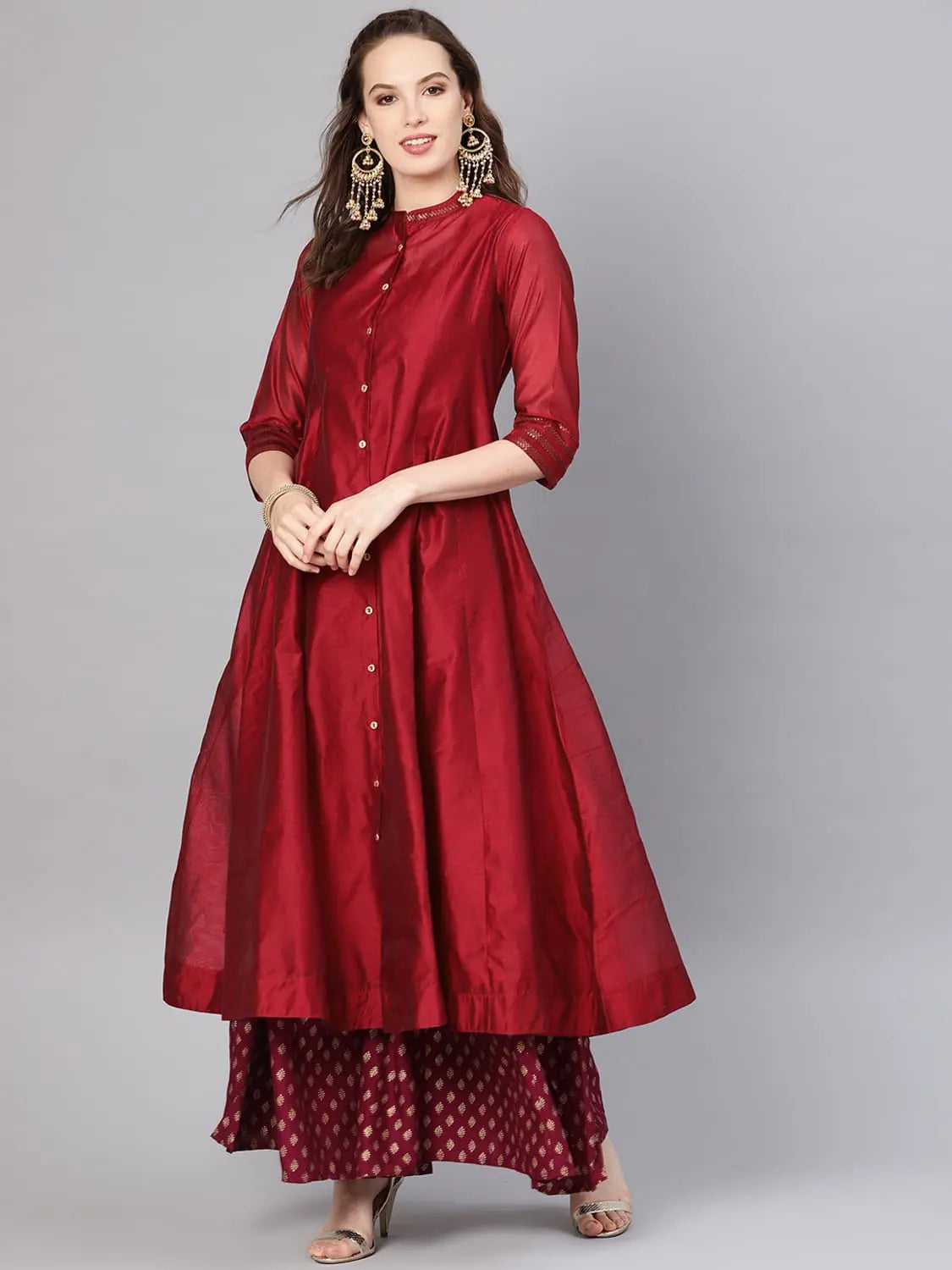 Juniper Maroon Chanderi Embellished Jacket Style 2 Piece Kurta Embroidered Jacket Appliqued Jacket Beaded Jacket