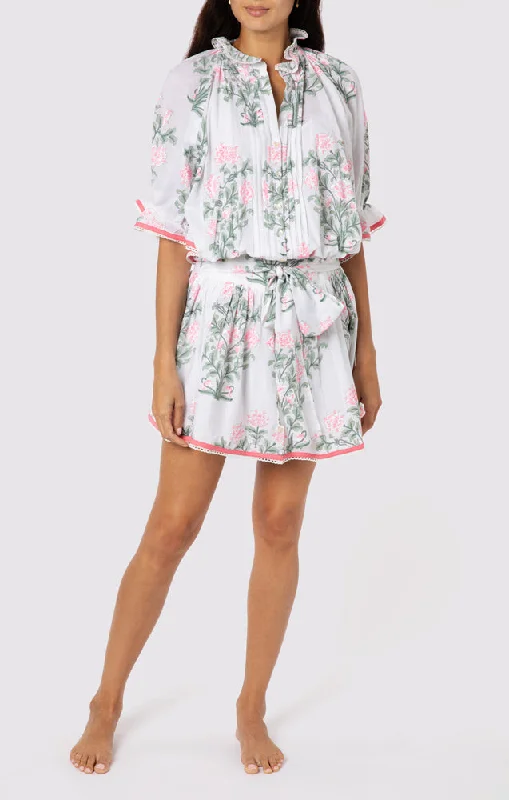 Blouson Dress In Japanese Flower Print With Slip White/Blue/Sage