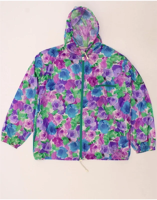 VINTAGE Womens Hooded Rain Jacket UK 16 Large Purple Floral Anorak Shell Jacket Lightweight Jacket