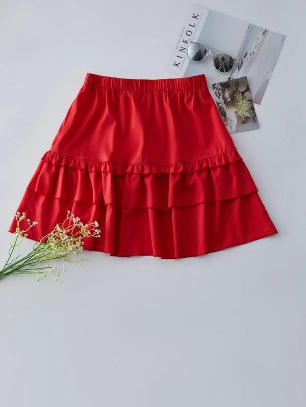 Solid Layered Ruffle Skirt breathable skirt fabric