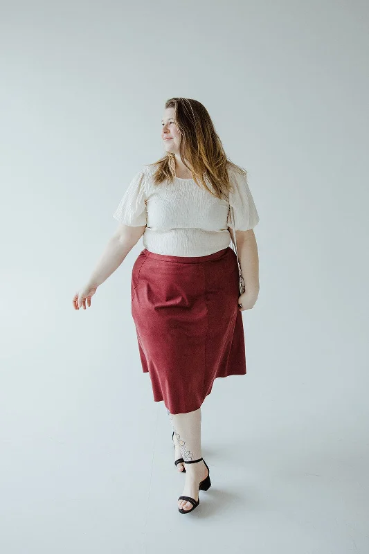 STRETCHY FAUX SUEDE A-LINE SKIRT IN MULLED WINE lightweight skirt design