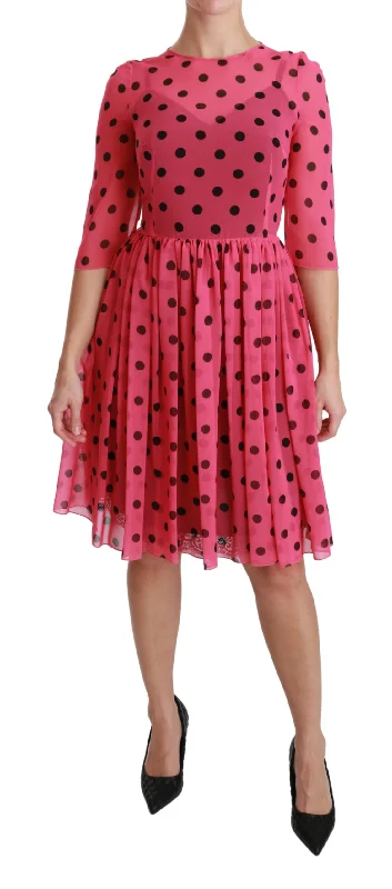 Dolce & Gabbana  Women's Polka Dot Dress     Pink Polka Dot Dress     Chiffon Dress     Three-Quarter Sleeve Dress     Fit and Flare Dress