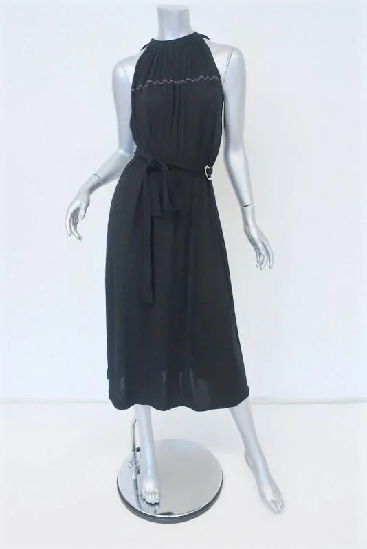 Helmut Lang Dress Black Shirred Jersey Size Extra Small Belted Halter Midi