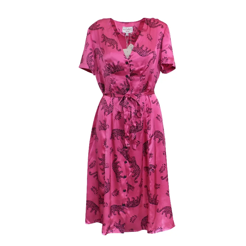HVN HOT PINK SHINY ROSEMARY SHORT SLEEVE BUTTON DOWN DRESS