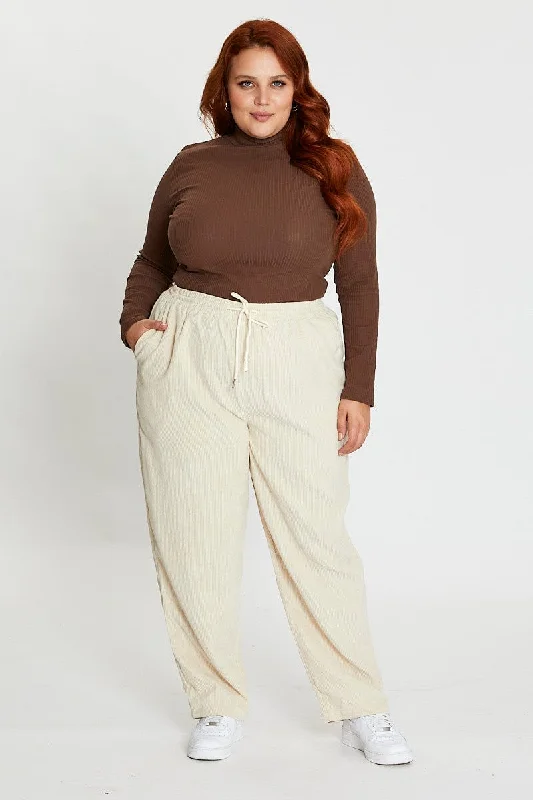 White Elastic Waist Cord Slim Leg Pant Relaxed Casual Leggings