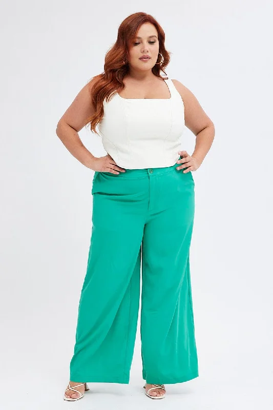Green Wide Leg Pants Suiting High Waist Casual Plaid Pants