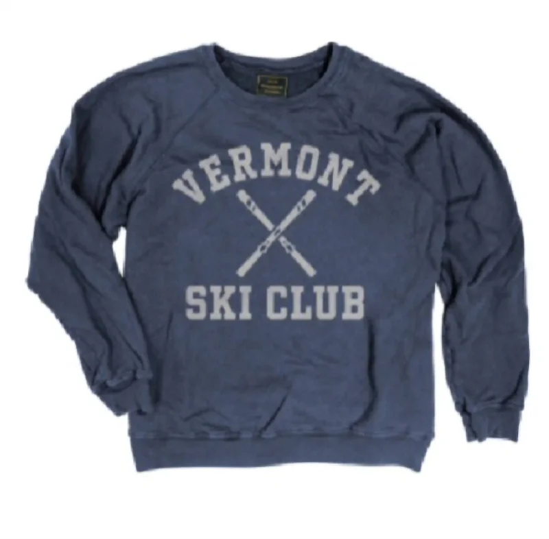 Vermont Ski Club Sweatshirt In Vintage Midnight Navy Cotton Hoodie Fleece Lining Warmth Vermont Ski Club Sweatshirt In Vintage Midnight Navy Cotton Hoodie Fleece Lining Warmth