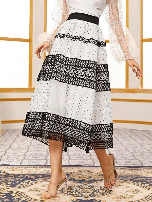 Guipure Lace Trim Flocked Dot Organza Overlay Skirt leather skirt modern