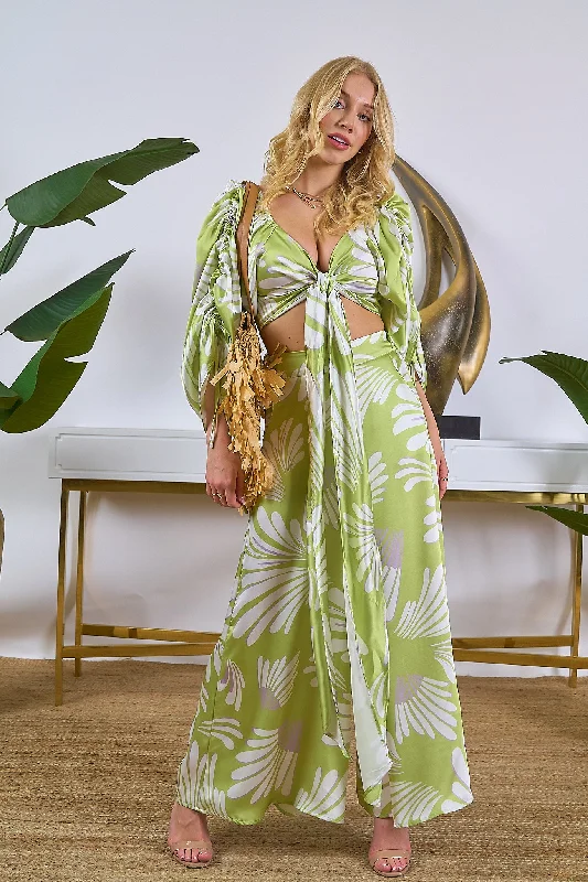 Tropical Print Top and Pants Set Casual Wide Pants